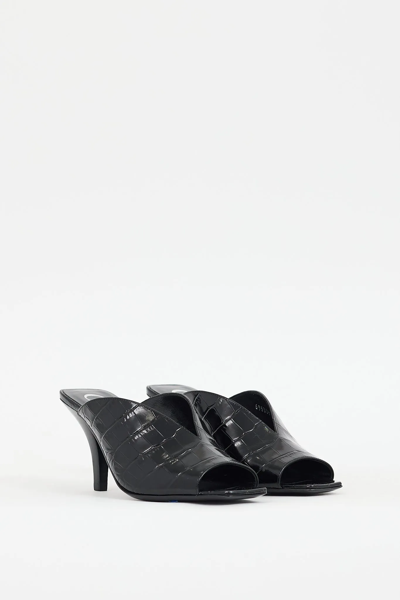 Black Embossed Leather Heeled Mule