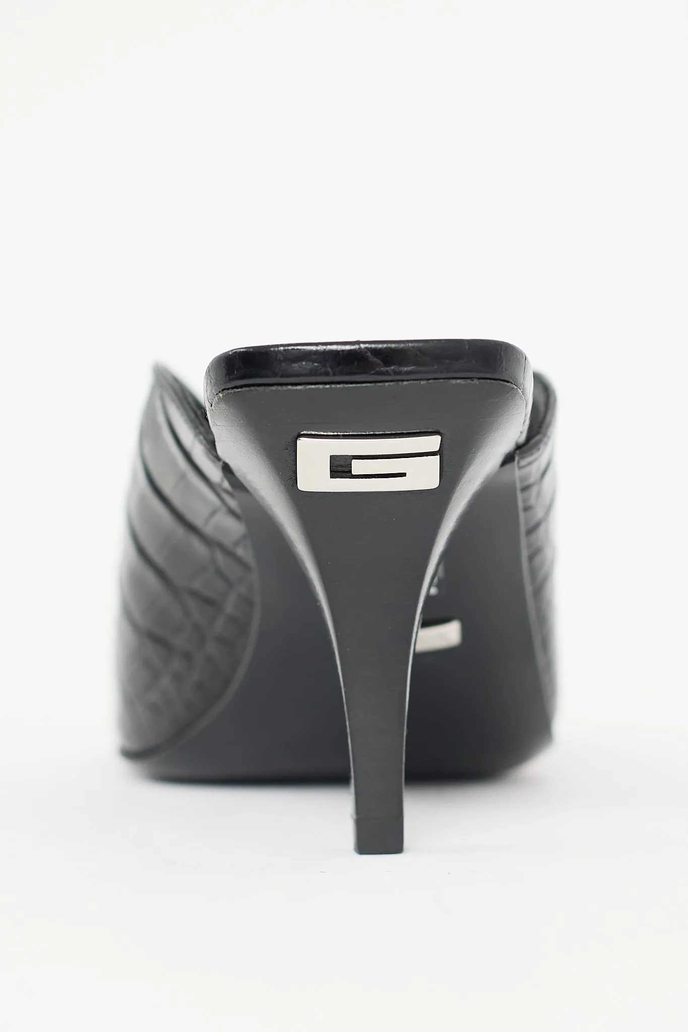 Black Embossed Leather Heeled Mule