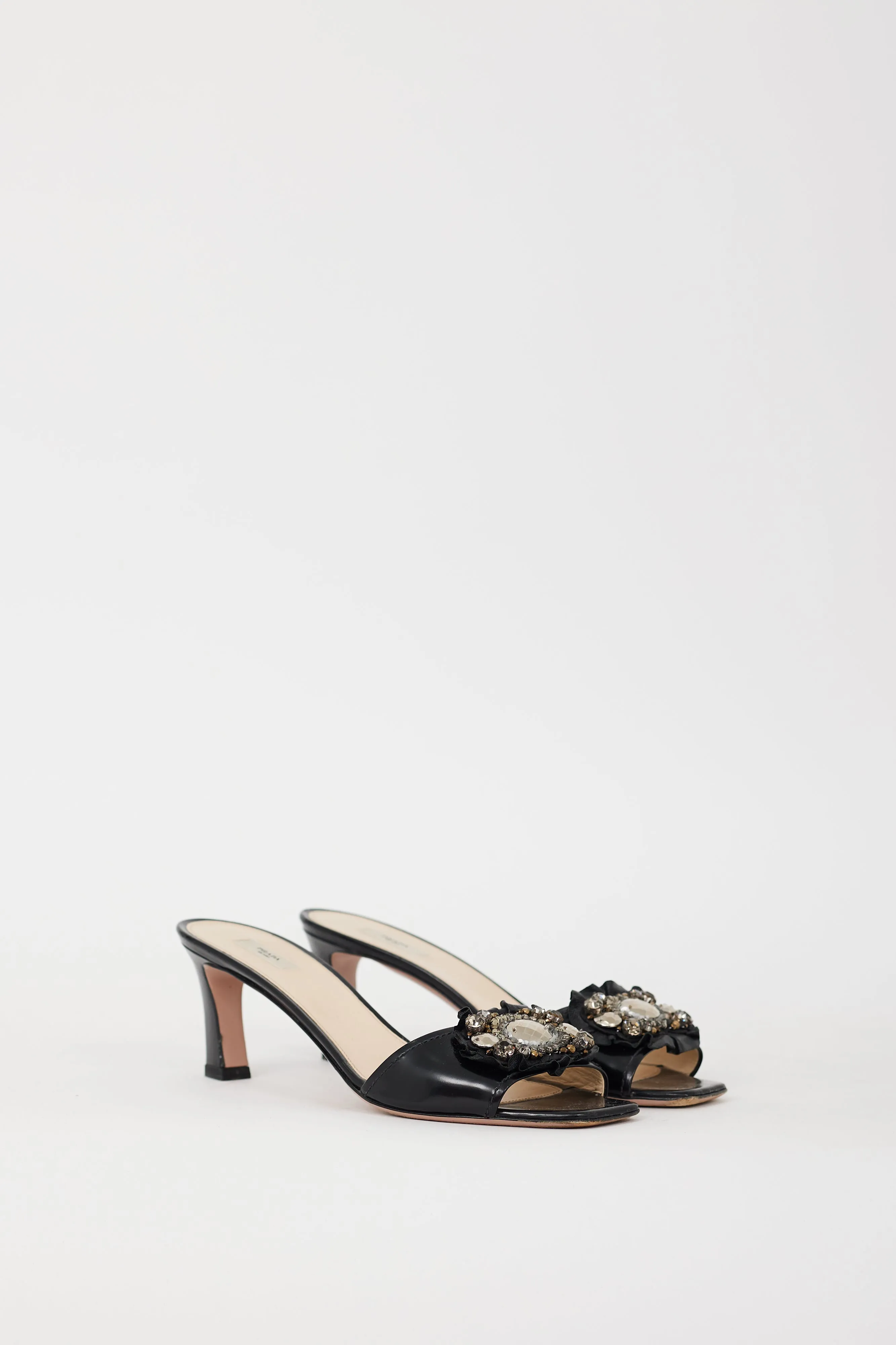 Black Leather Embellished Heeled Mule