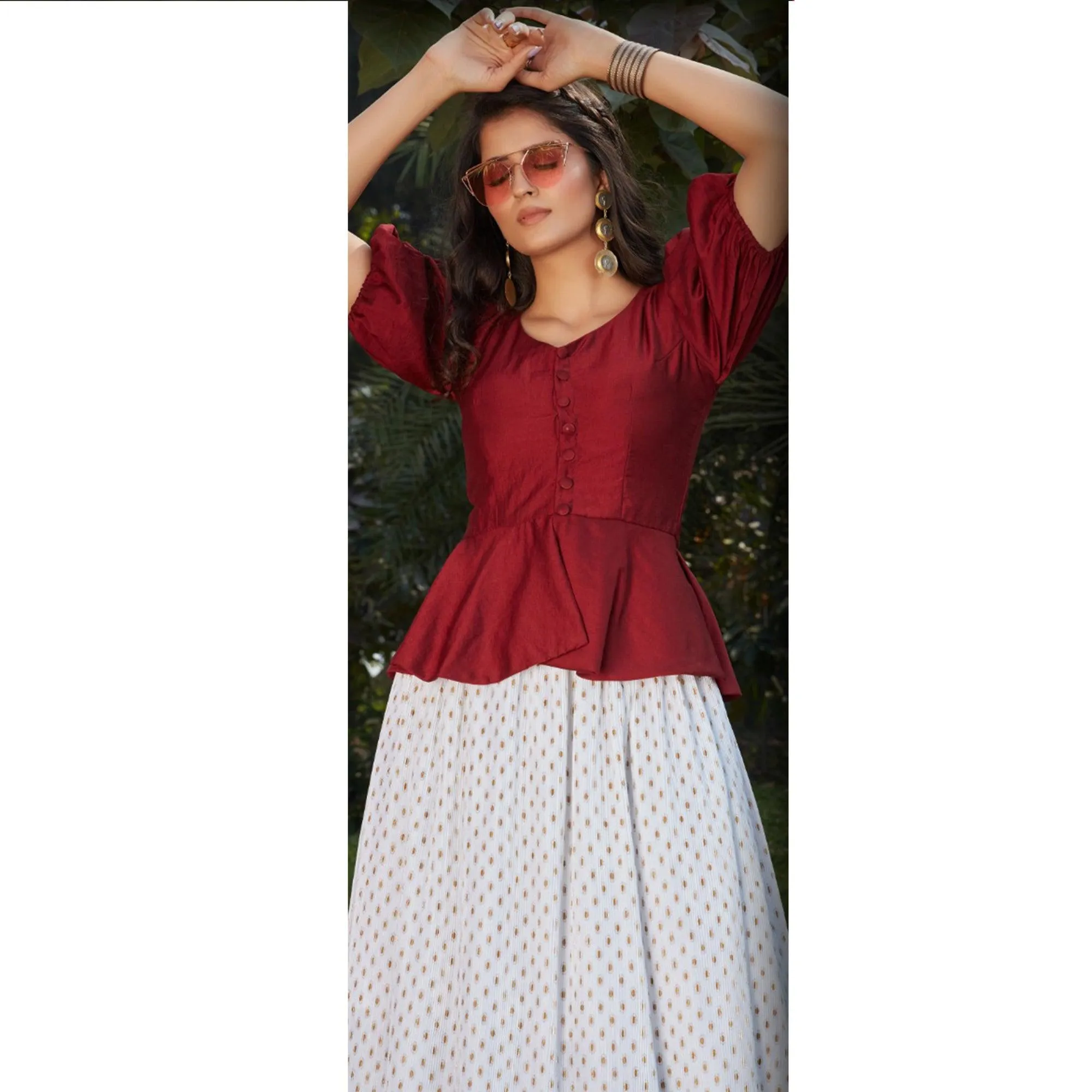 Blooming Maroon-White Colored Casual Wear Printed Western Crop Top - Skirt Set
