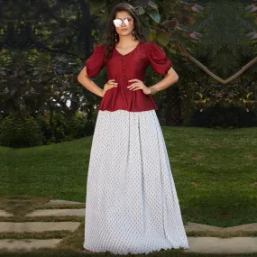 Blooming Maroon-White Colored Casual Wear Printed Western Crop Top - Skirt Set