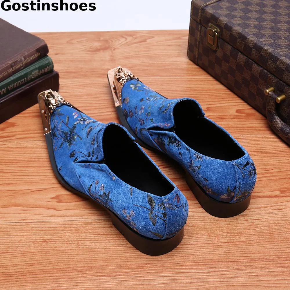 Fashion Blue Men Oxford Shoes Genuine Leather Printed Iron Toe Head Leisure Business Shoes For Wedding Party Daily Wear