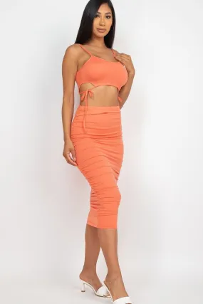 Flamingo Orange Cut-out Tie Side Crop Top & Ruched Midi Skirt Set_