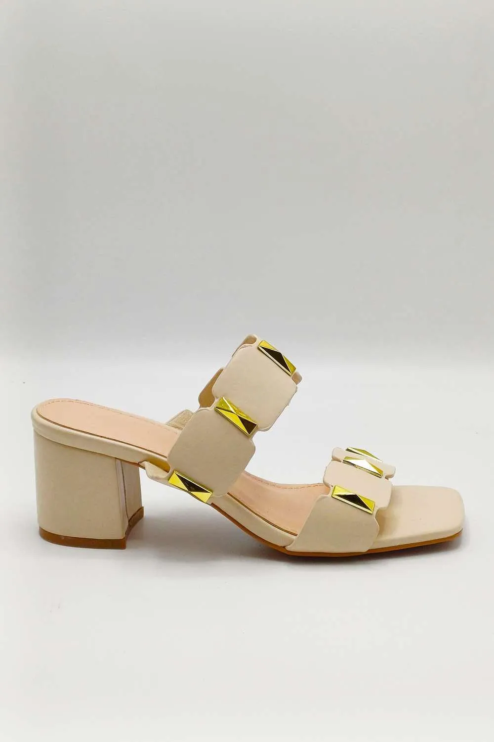 Kolee Stud Detail Block Heel Mules in Cream