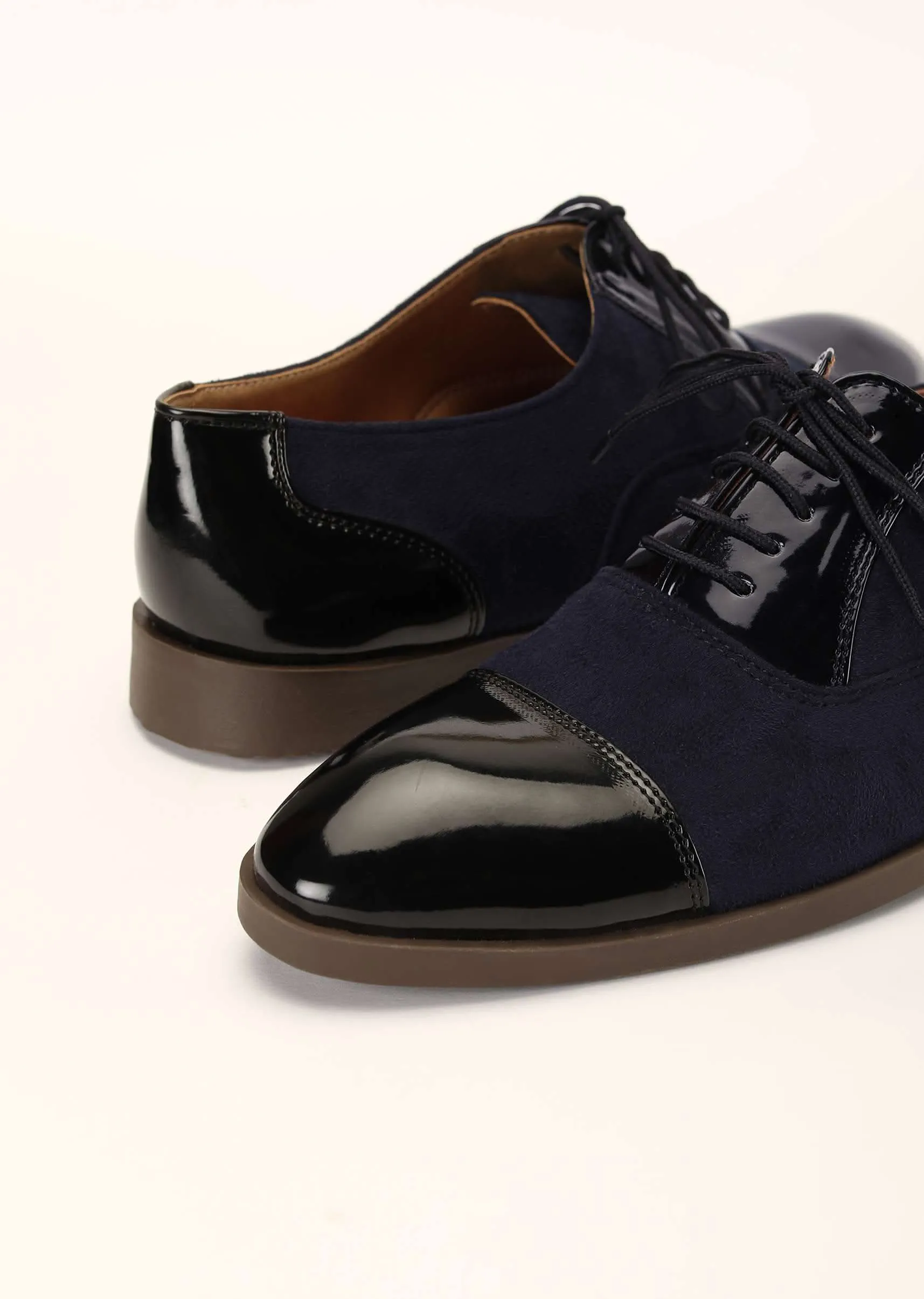 Midnight Blue Oxfords In Suede With Black Rexine Leather Detailing