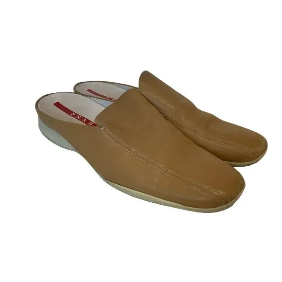 PRADA Camel Beige Squared Toe Slide Mules