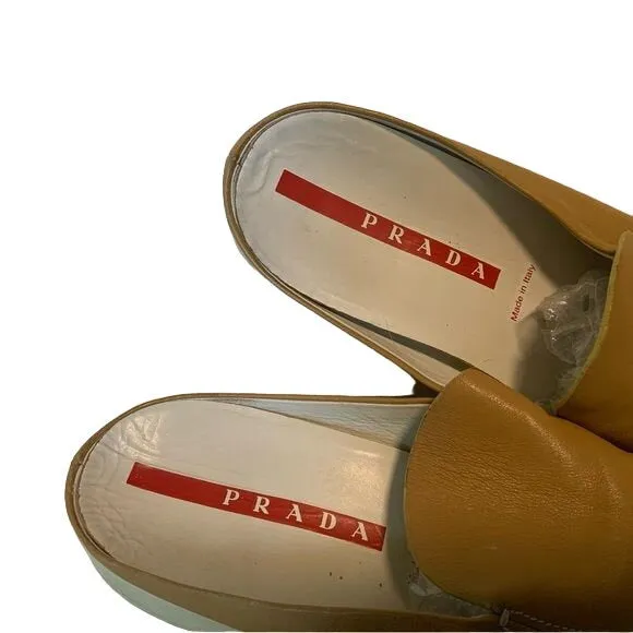 PRADA Camel Beige Squared Toe Slide Mules